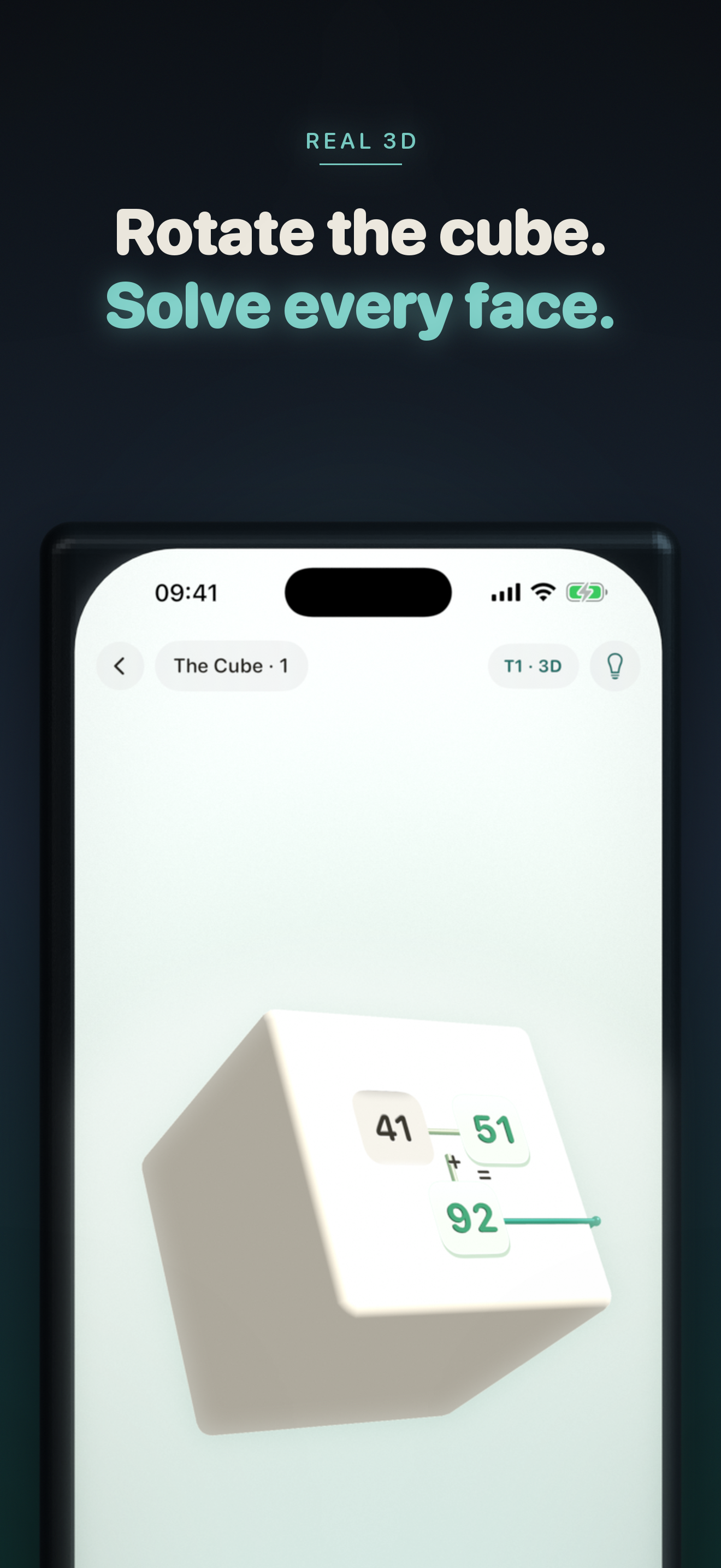 The Cube — a real 3D cube you rotate to solve an equation across every face