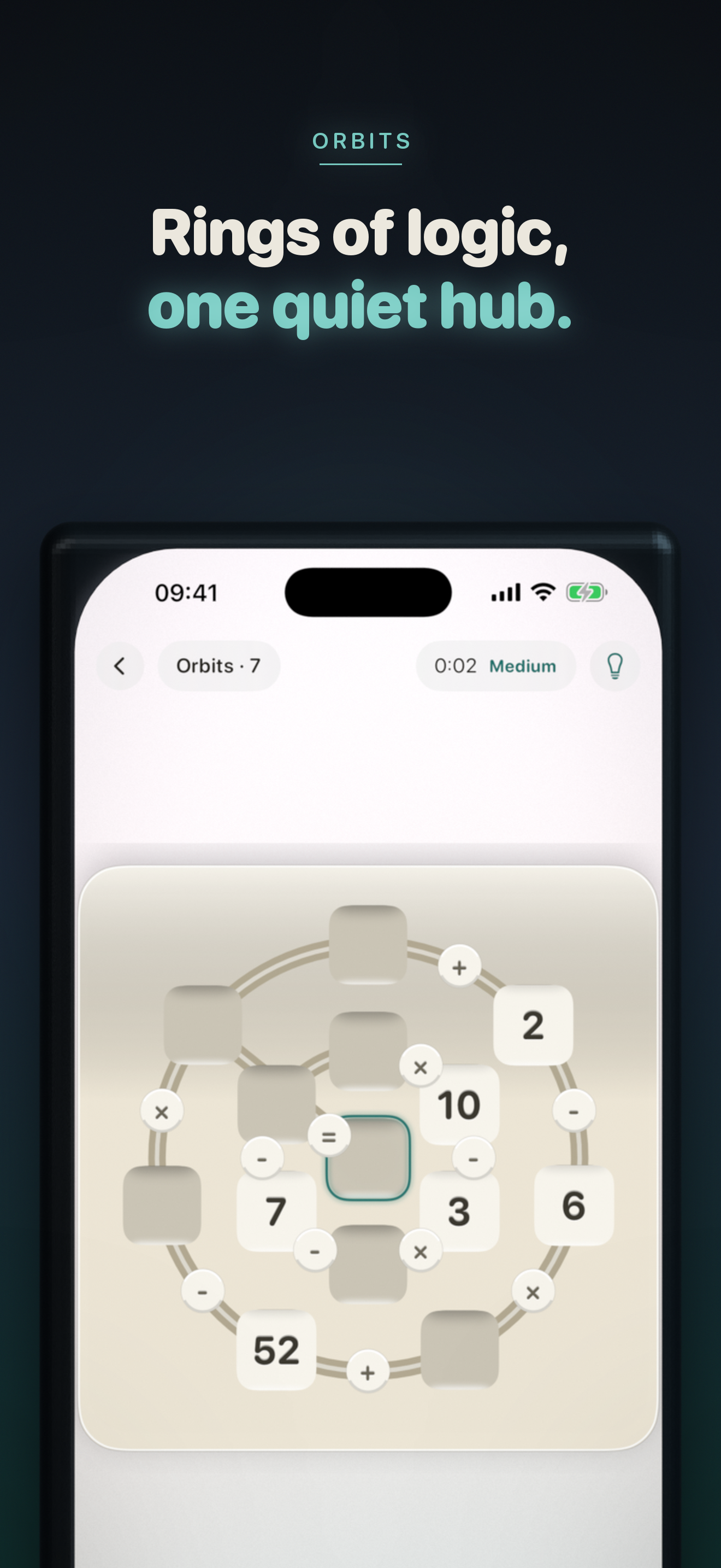 Orbits — rings of numbers circle a single shared hub